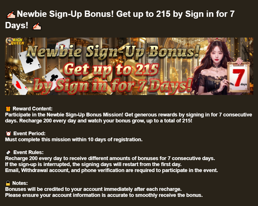 Newbie Sign up Bonus details